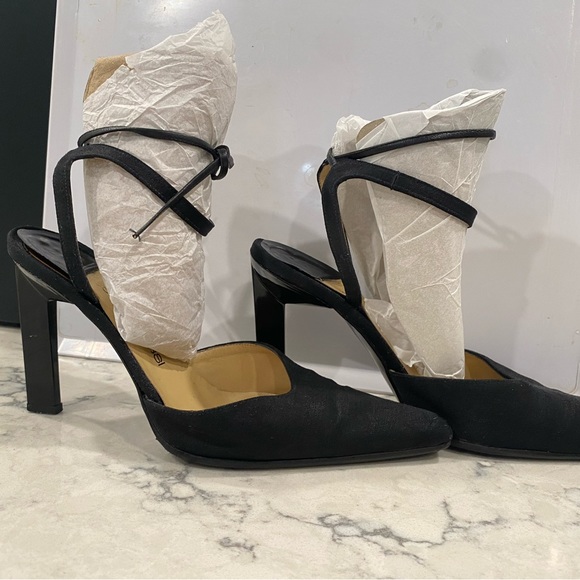 SERGIO ROSSI Black Canvas Ankle-Strap Slingback Heel Pumps Shoes - Picture 3 of 8